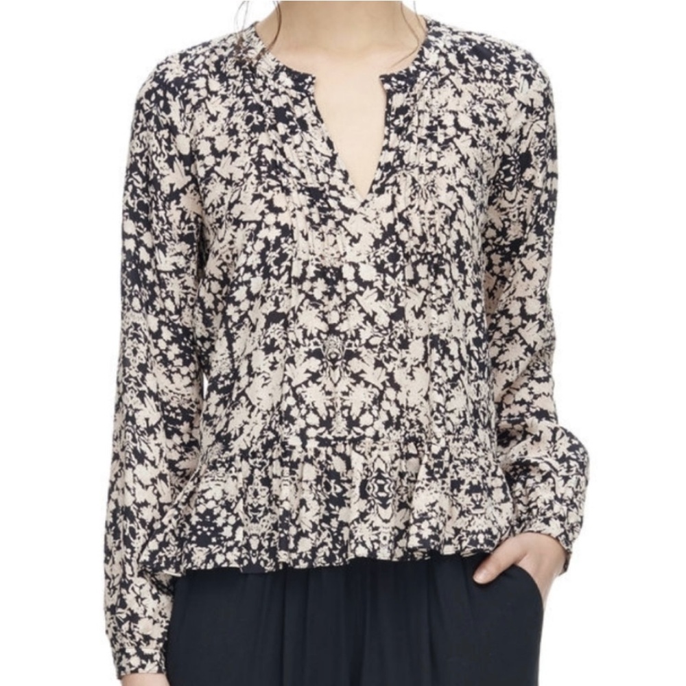 Rebecca Taylor Silk Potpourri Blouse Peplum Floral Pintuck Black Cream Size 12